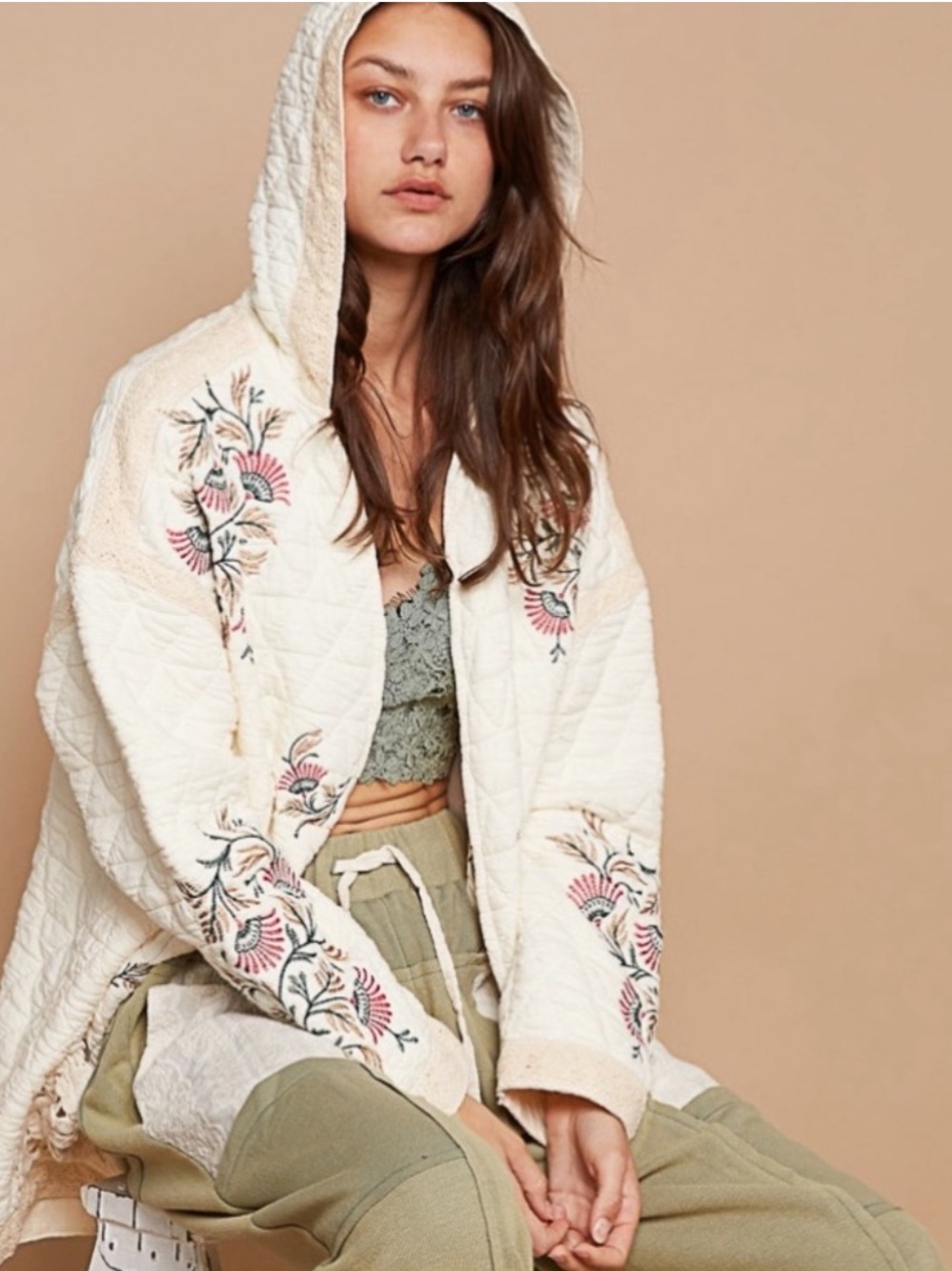 New: POL Boho Embroidered Floral White Quilted Hooded Jacket Lace Detail• Medium